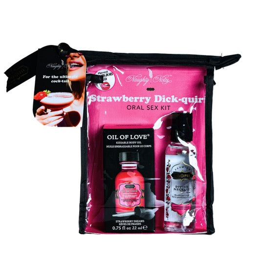 The image displays a product called "Cocktail Kits" which appears to be a set designed for enhancing oral sex. The contents are visible and include two bottles of flavored products, one labeled as "Oil of Love" and another as "Divine Nectars. Shown in Strawberry Dick--quiri flavor.
