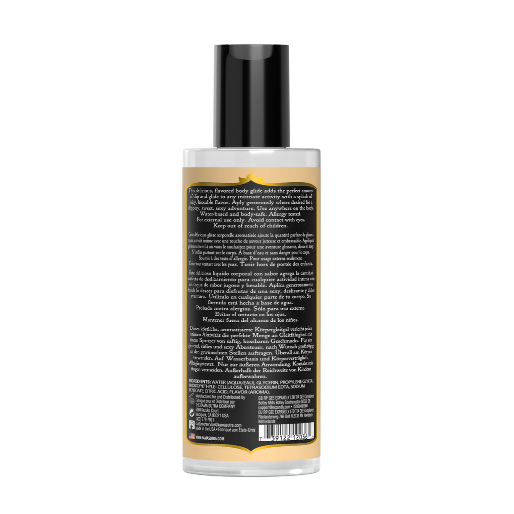 Bottle of Divine Nectars Body Glide Vanilla Creme flavored body glide 5 fl oz size back side on a white background