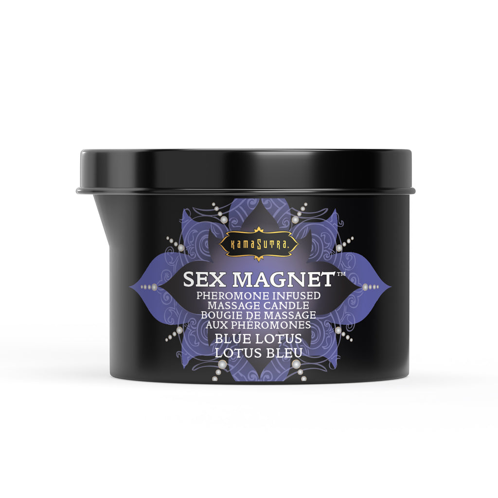 Black container of 'Sex Magnet' massage balm with decorative label on a white background