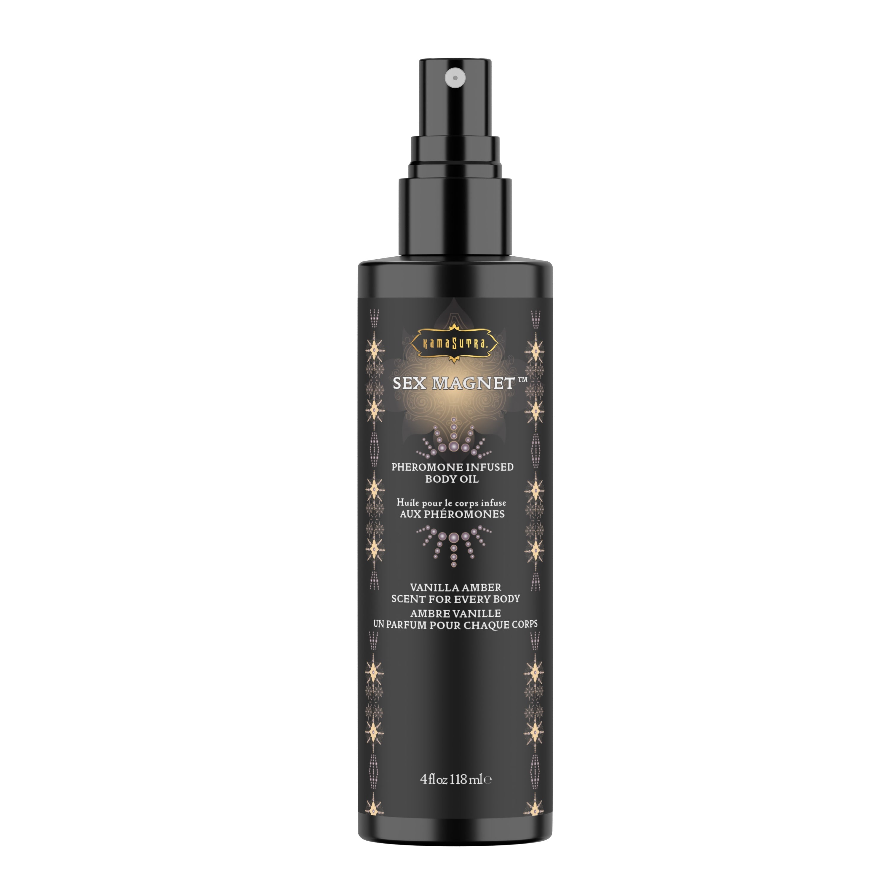 Black bottle with spray top labeled Sex Magnet'pheromone iinfused body spray in vanilla amber scent in a 4 fl oz size on a white background