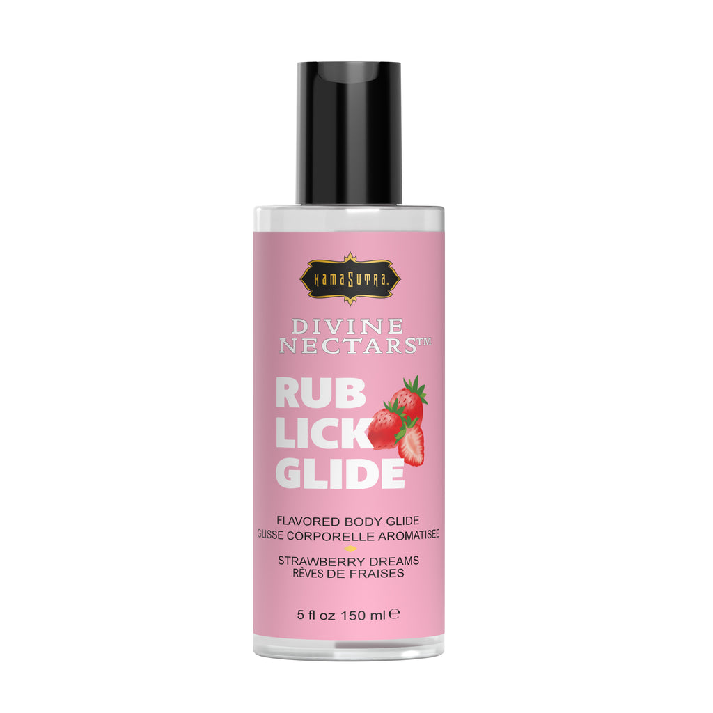 Bottle of Divine Nectars Body Glide Strawberry Dreams flavored body glide 5 fl oz size on a white background