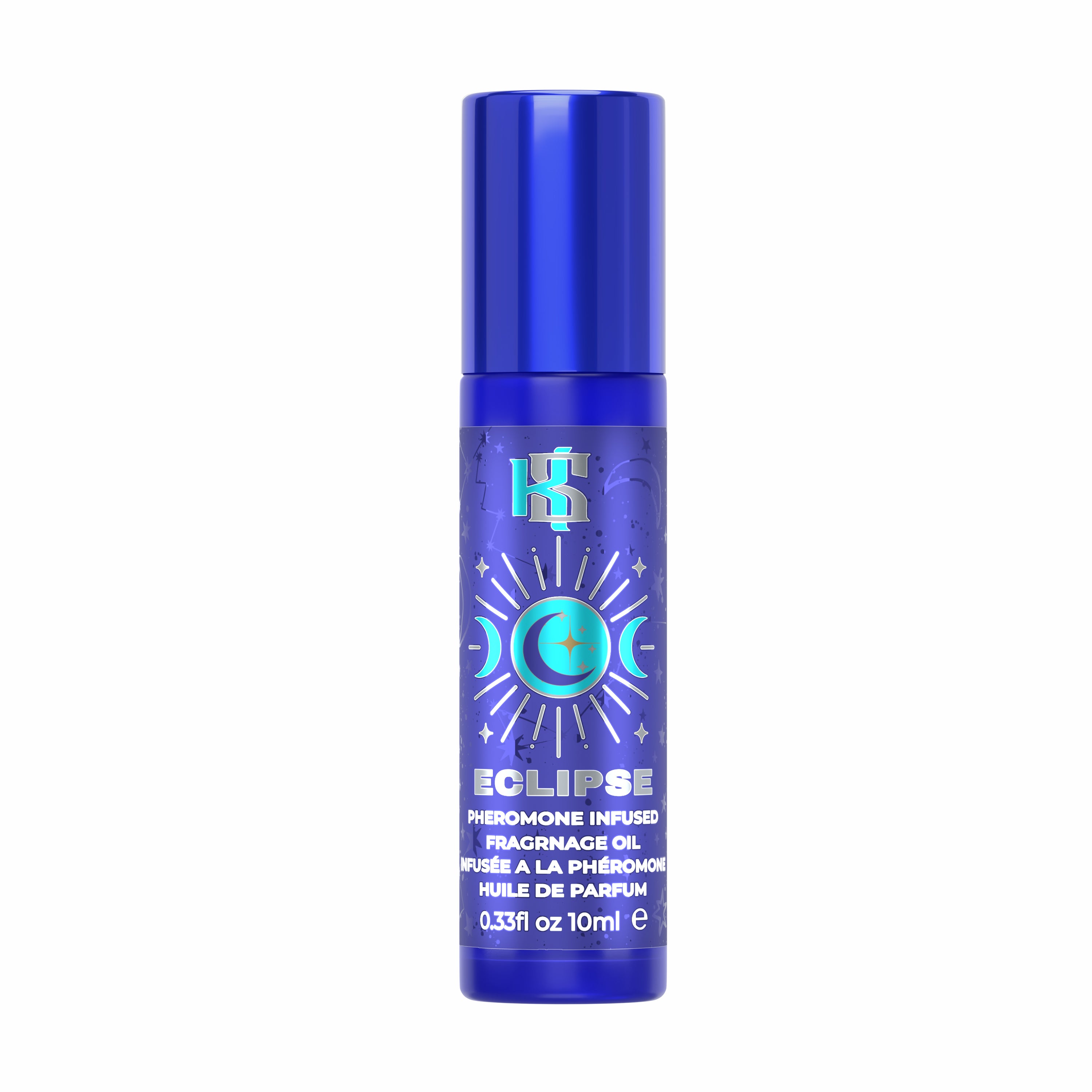 A 10ml bottle of HS Eclipse Phromone Infused Fragrance Oil on a plain white background. The bottle is a vibrant metallic blue with a matching blue cap, featuring a graphic of a crescent moon and sun with the text 'ECLIPSE' in white and light blue.