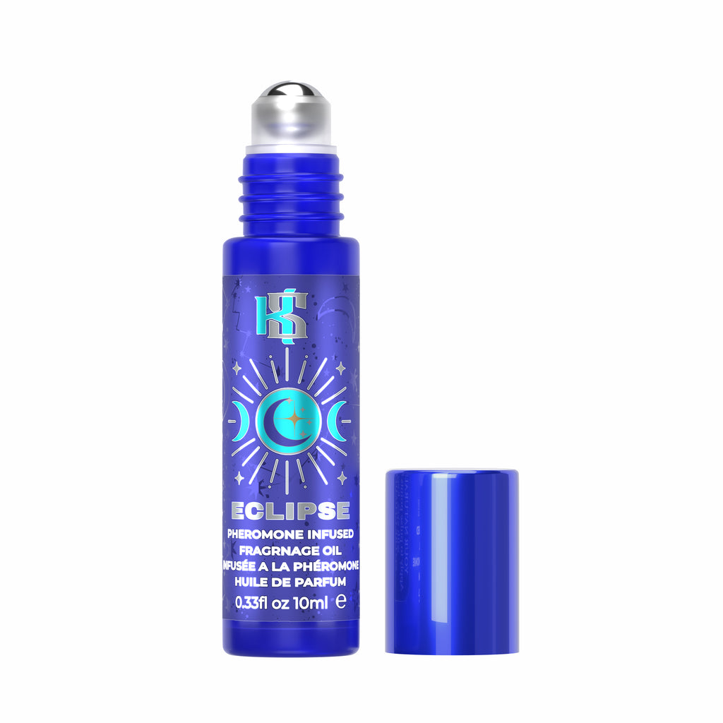 A blue roll-on perfume oil bottle labeled 'Eclipse' with a silver cap, shown next to its matching blue cap on a plain white background.