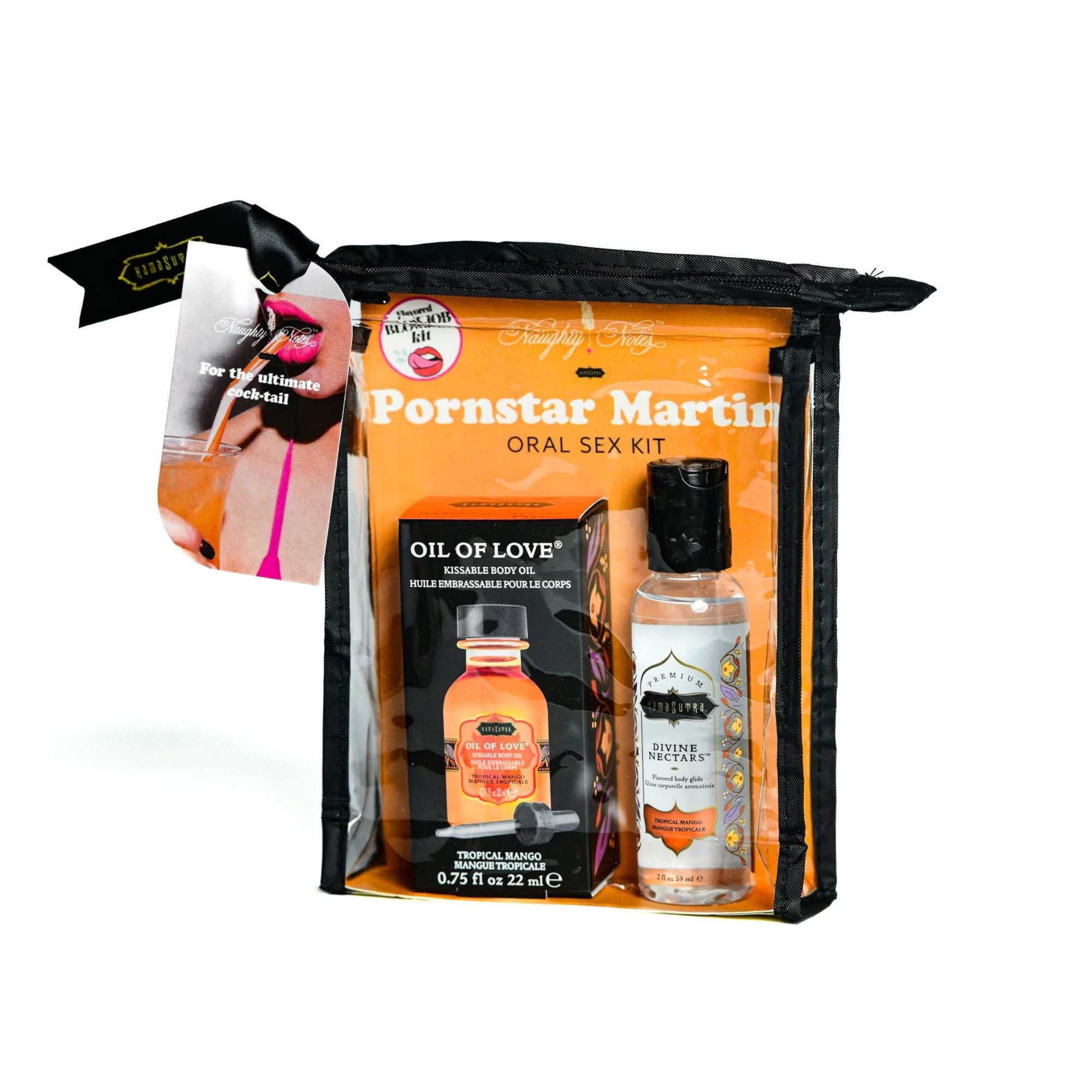 The image displays a product called "Cocktail Kits" which appears to be a set designed for enhancing oral sex. The contents are visible and include two bottles of flavored products, one labeled as "Oil of Love" and another as "Divine Nectars. Shown in Porn Star flavor.
