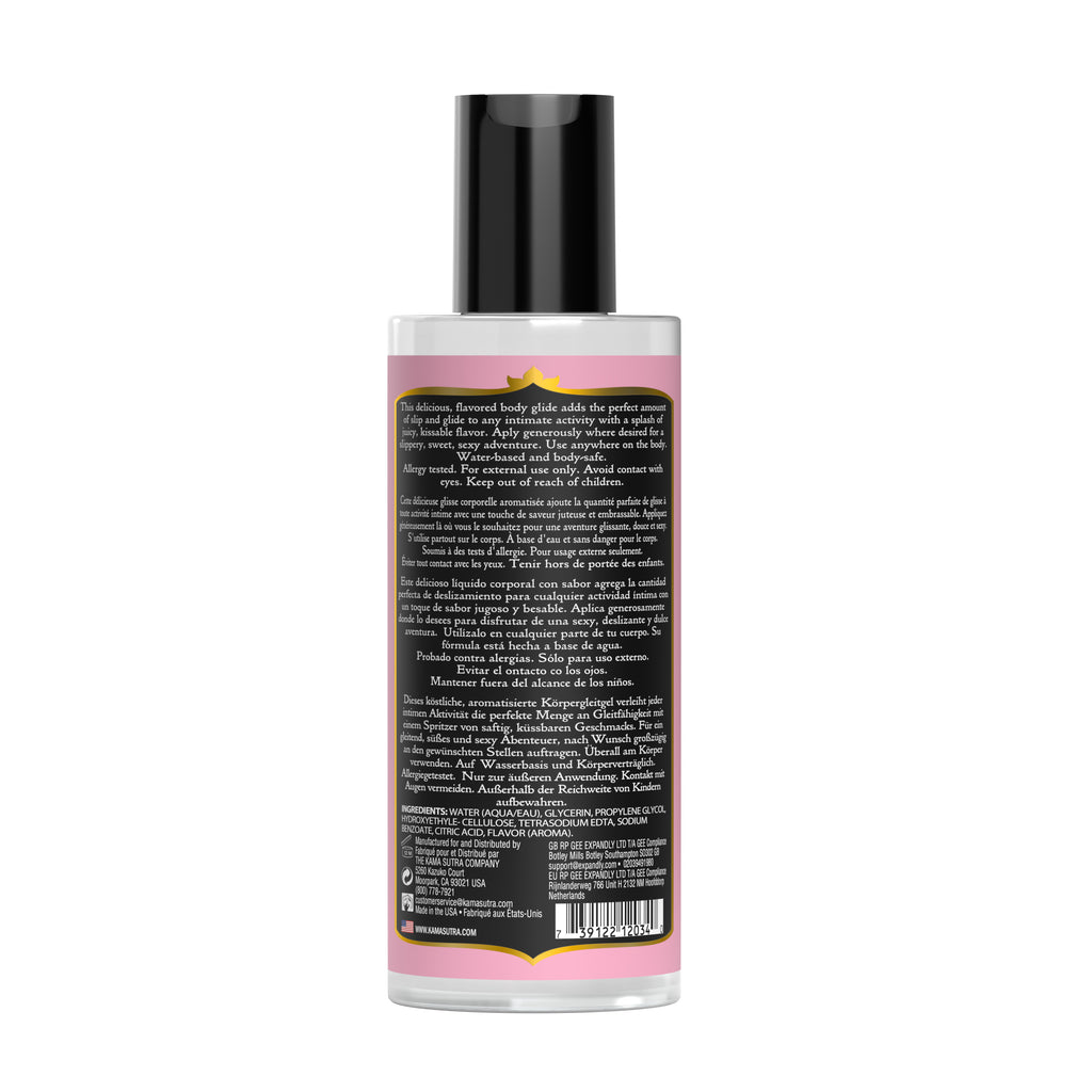 Bottle of Divine Nectars Body Glide Strawberry Dreams flavored body glide 5 fl oz size back side on a white background