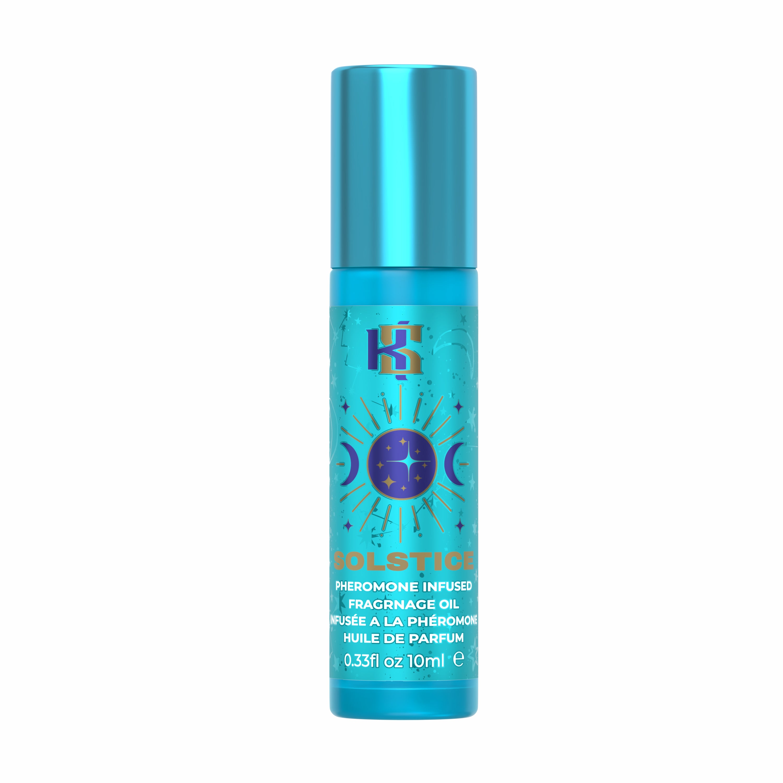 A 10ml bottle of Holsticepherone Infused Fragrance Oil by KSI, featuring a metallic turquoise blue cap and a matching blue label with purple celestial graphics and gold lettering, set against a plain white background.