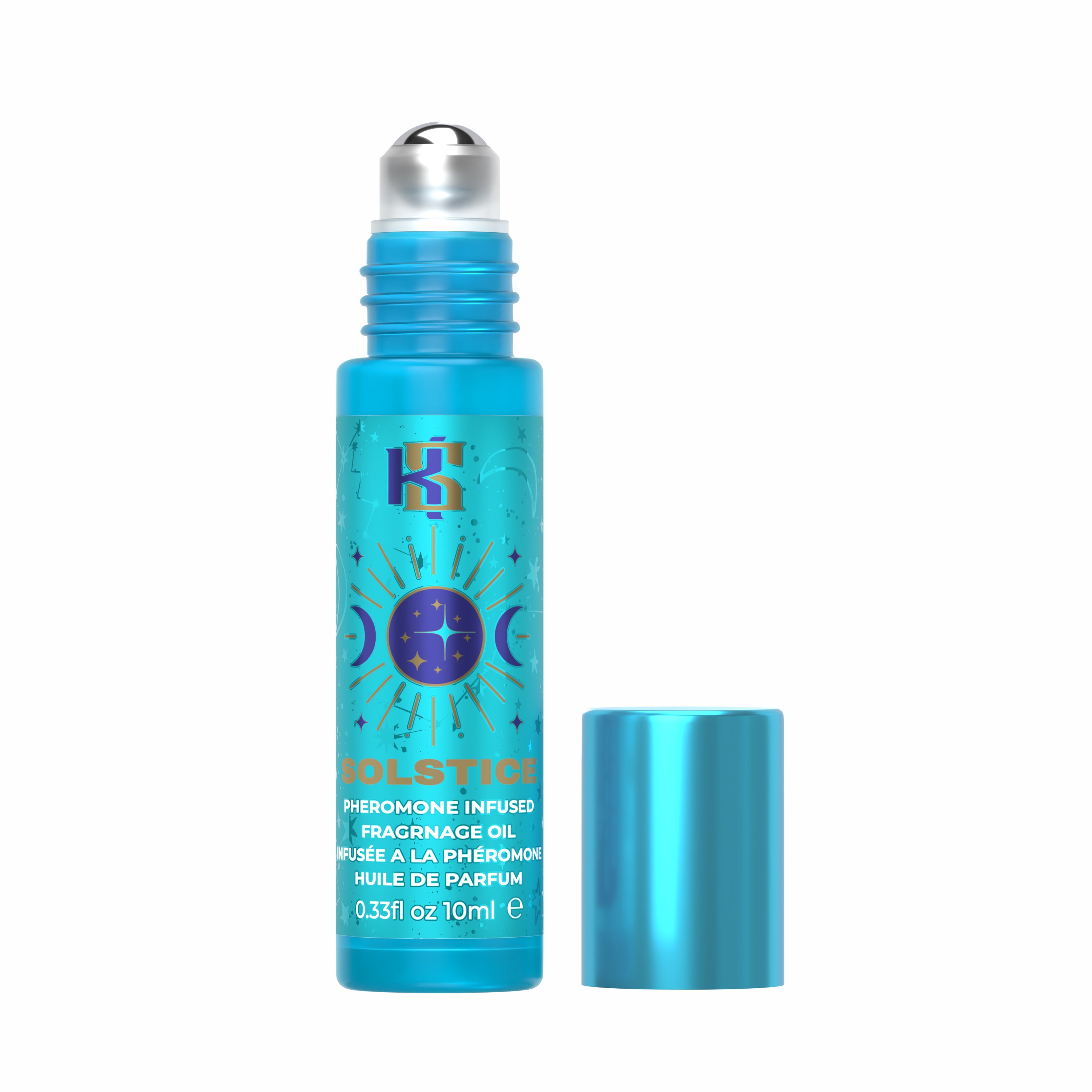 A turquoise blue roll-on bottle of KSI Cosmetics Solstice Fragrance Oil with a silver ball applicator, shown next to its matching turquoise cap on a plain white background.