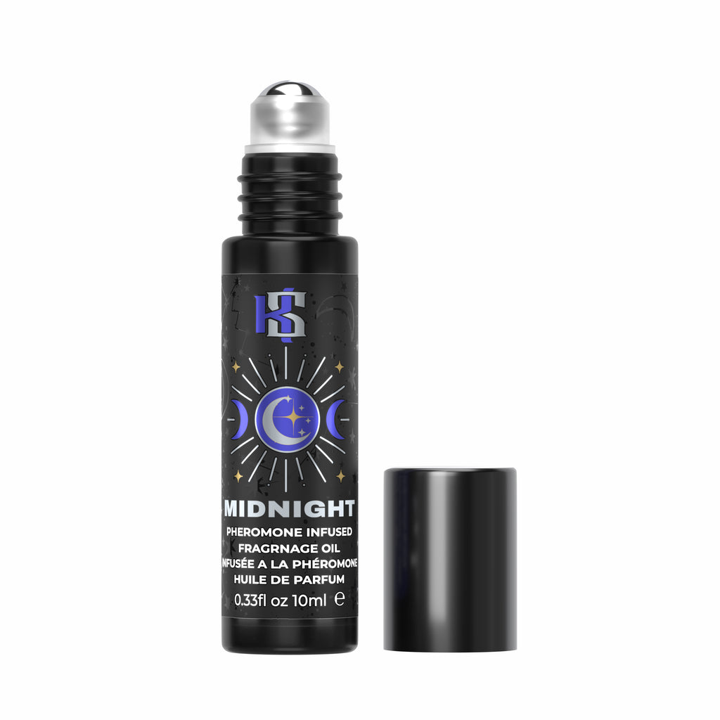 A black roll-on perfume bottle labeled 'Midnight' with a silver cap, shown next to its black cap on a plain white background.