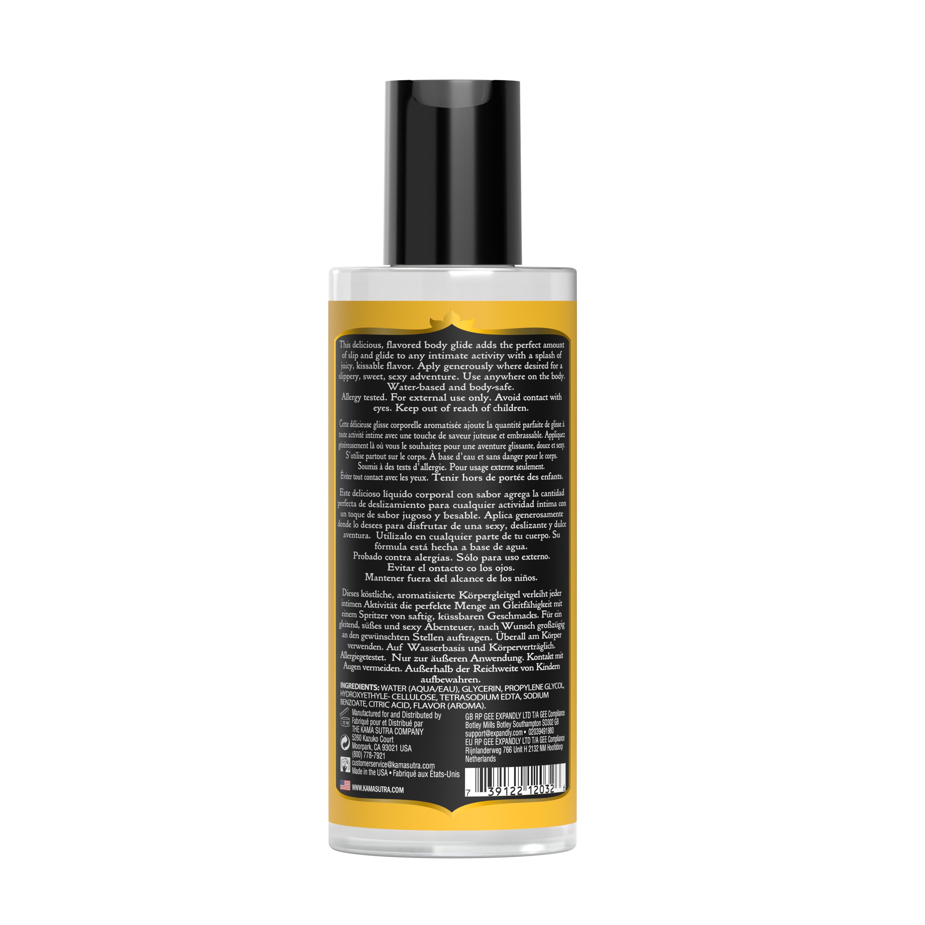 Bottle of Divine Nectars Body Glide Coconut Pineapple flavored body glide 5 fl oz size back side on a white background