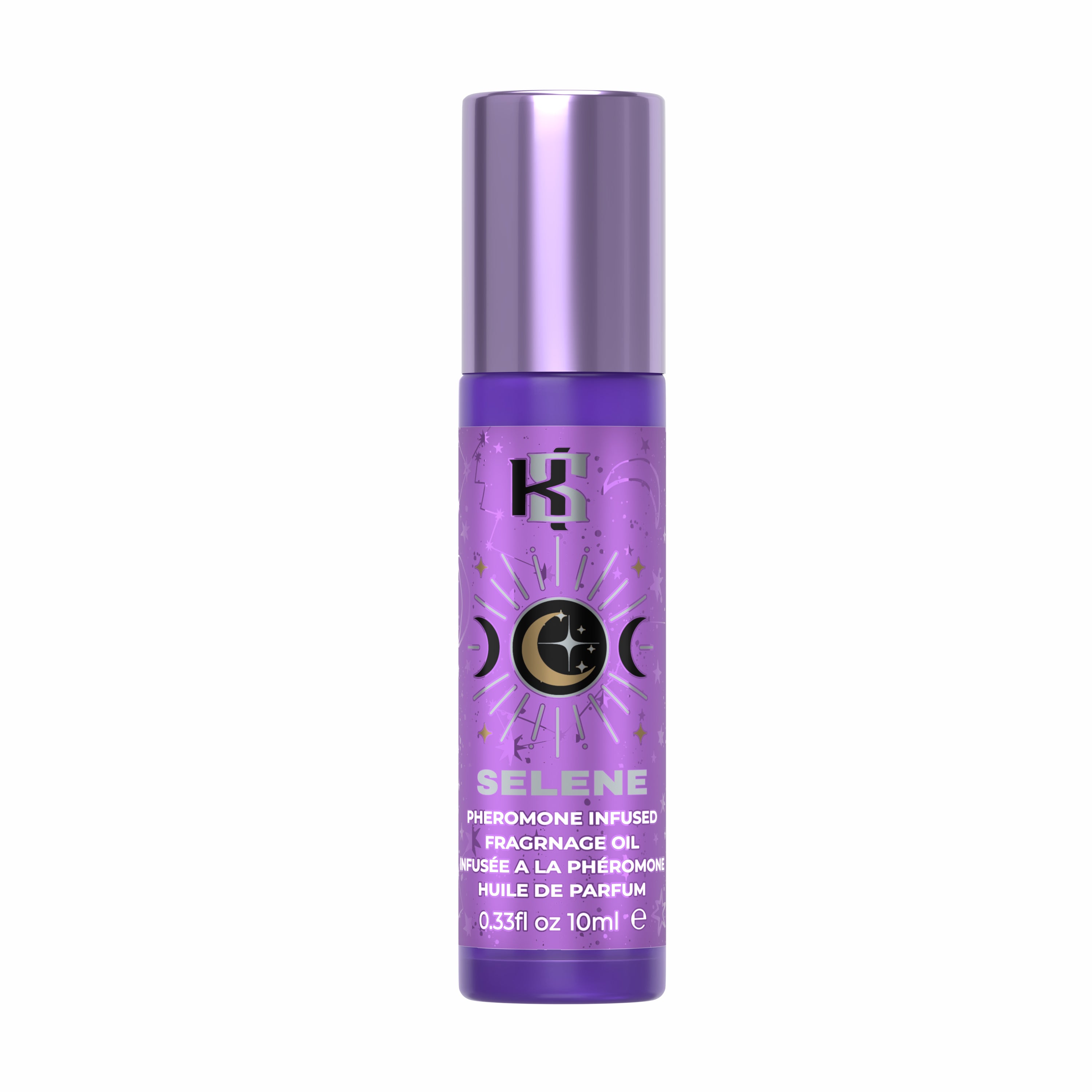 A purple cylindrical perfume bottle with a metallic lavender cap, featuring the brand logo 'K' and the name 'SELENE' on a clean white background.
