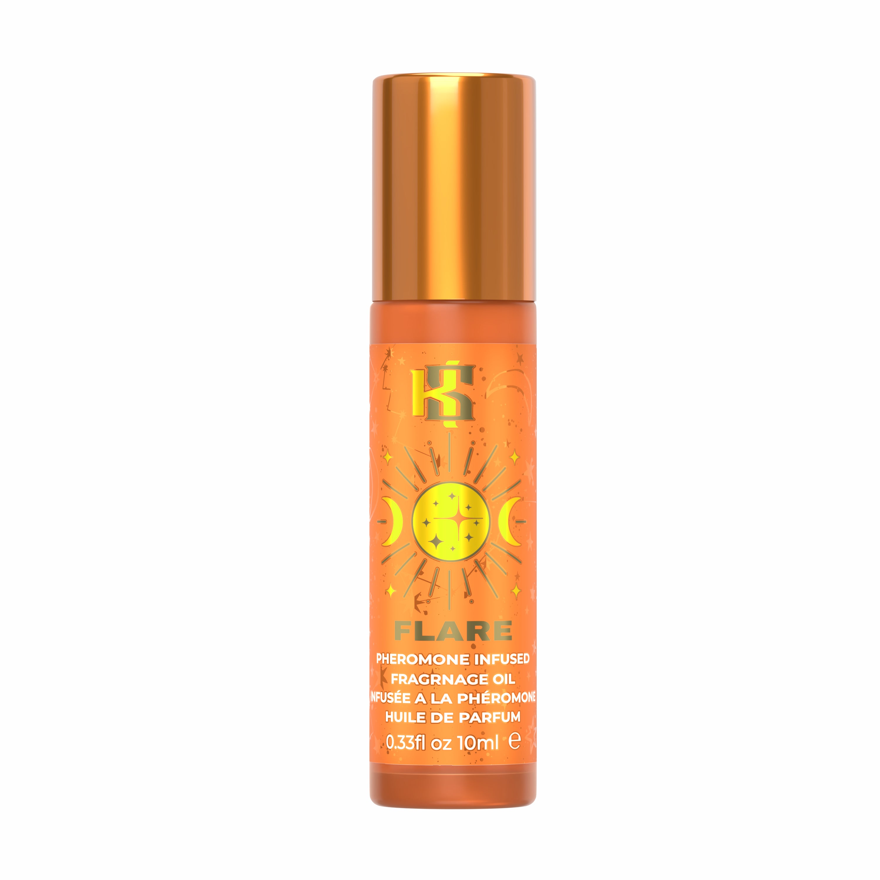A 10ml bottle of Huma Flare Pheromone Infused Fragrance Oil, featuring a vibrant orange body with a metallic copper cap and yellow sun graphic on the label.