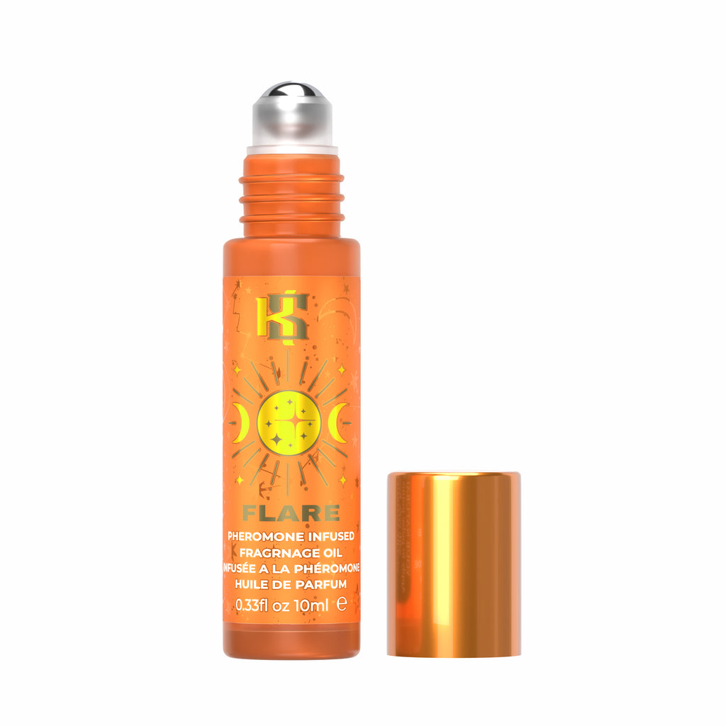 An orange roll-on perfume bottle labeled 'Flare' with a silver cap, shown next to its matching metallic orange cap on a plain white background.
