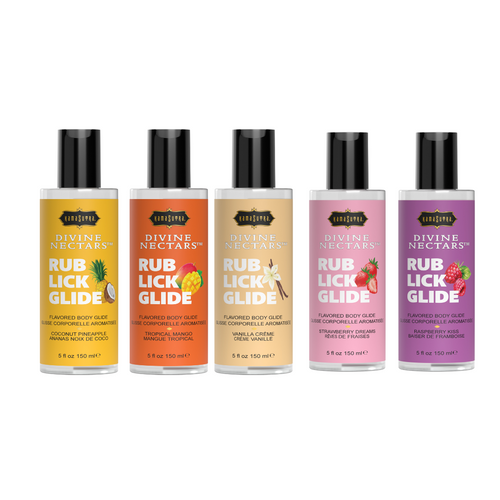 Five bottles of Divine Nectars Body Glide 5ooz size in 5 flavorss on a white background