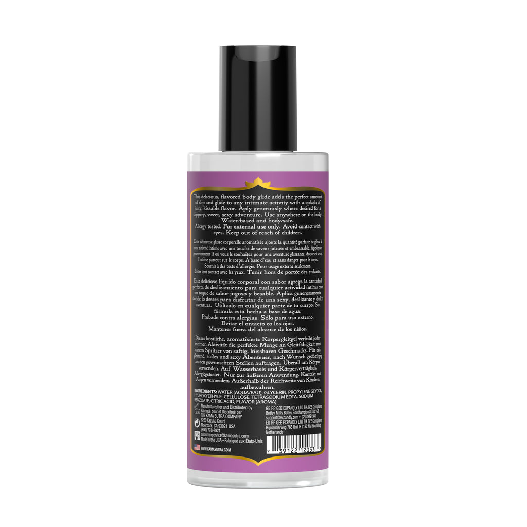 Bottle of Divine Nectars Body Glide Raspberry Kiss flavored body glide 5 fl oz size back side on a white background