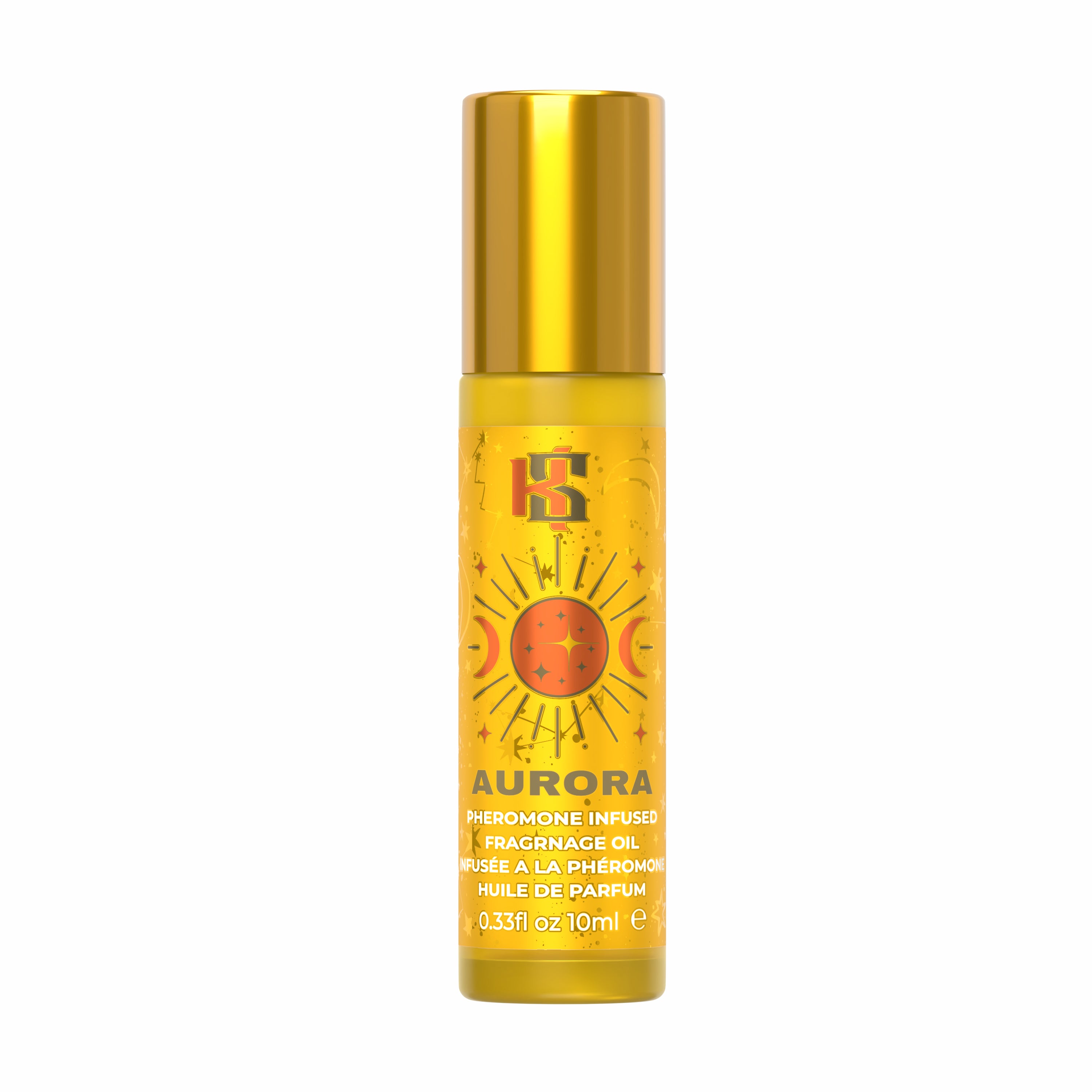 A 10ml bottle of HS Aurorapherone Infused Fragrance Oil with a metallic gold cap and a yellow label featuring a sun graphic, on a white background.