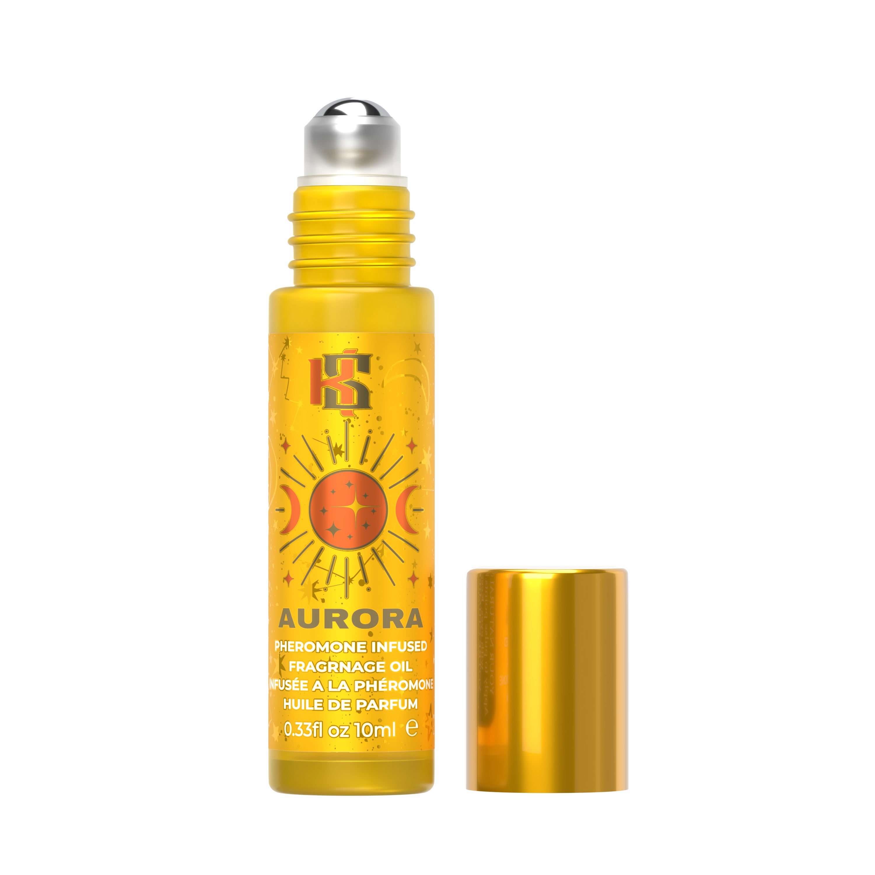 A roll-on perfume bottle labeled AURORA with a gold cap placed beside it on a plain white background.