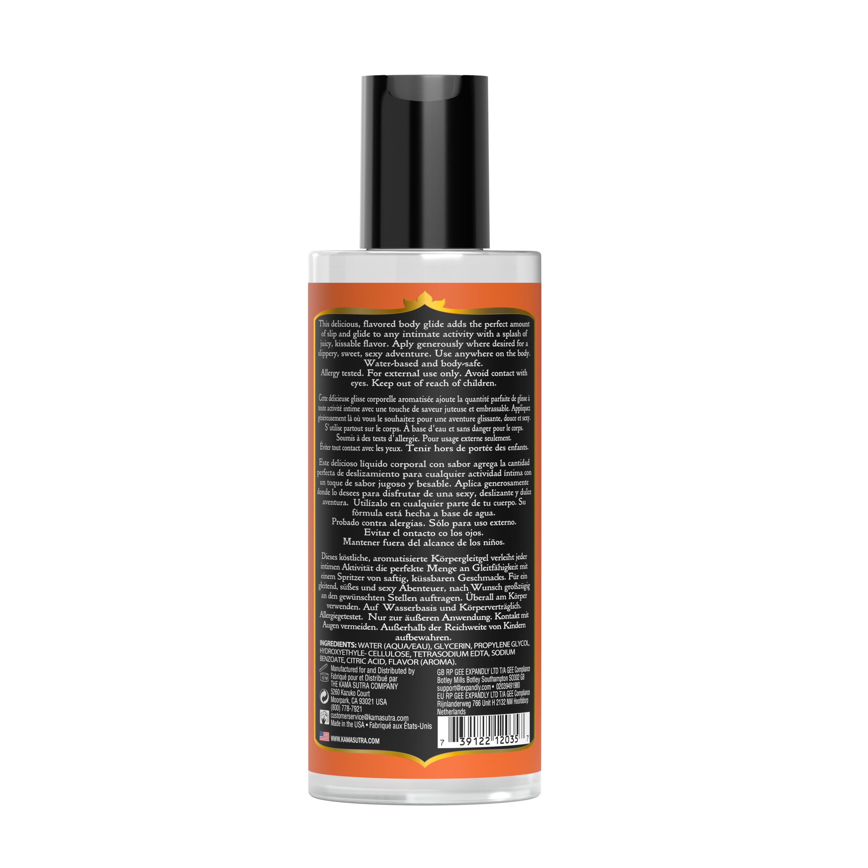Bottle of Divine Nectars Body Glide Tropical Mango flavored body glide 5 fl oz size back side on a white background