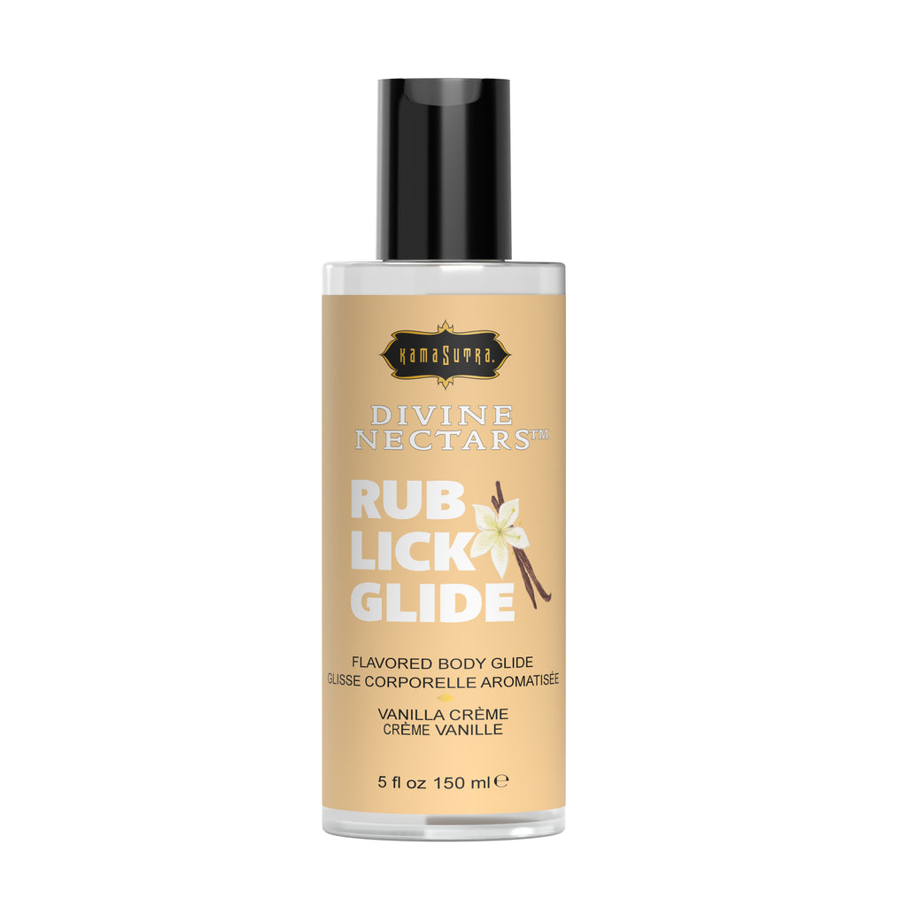 Bottle of Divine Nectars Body Glide Vanilla Creme flavored body glide 5 fl oz size on a white background