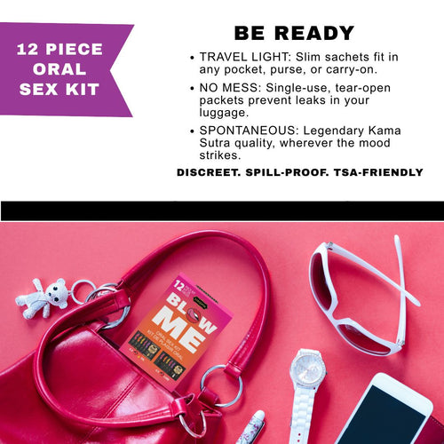 12-piece oral sex kit with travel accessories on a red background