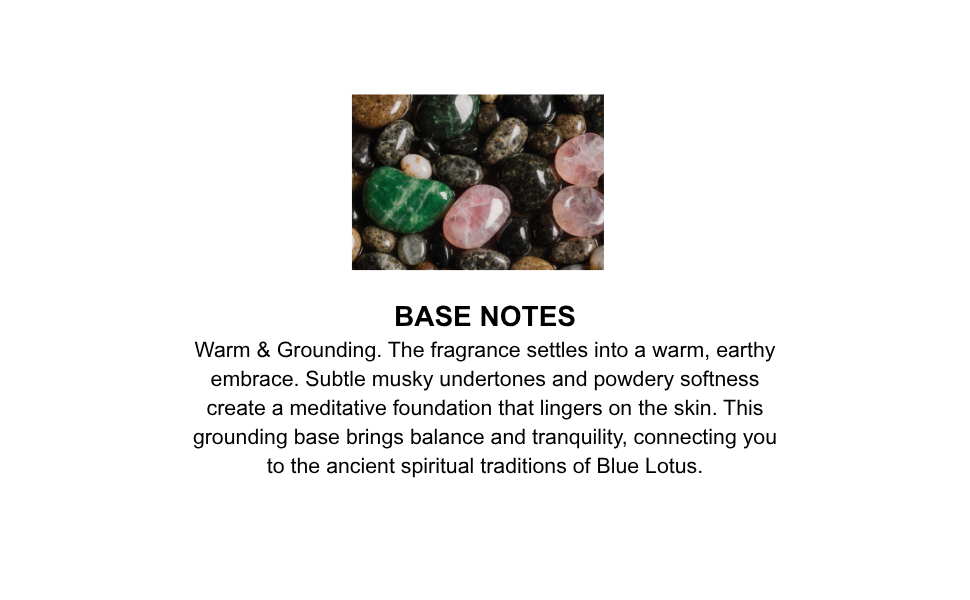 Mineral sample with text describing base notes of a fragrance