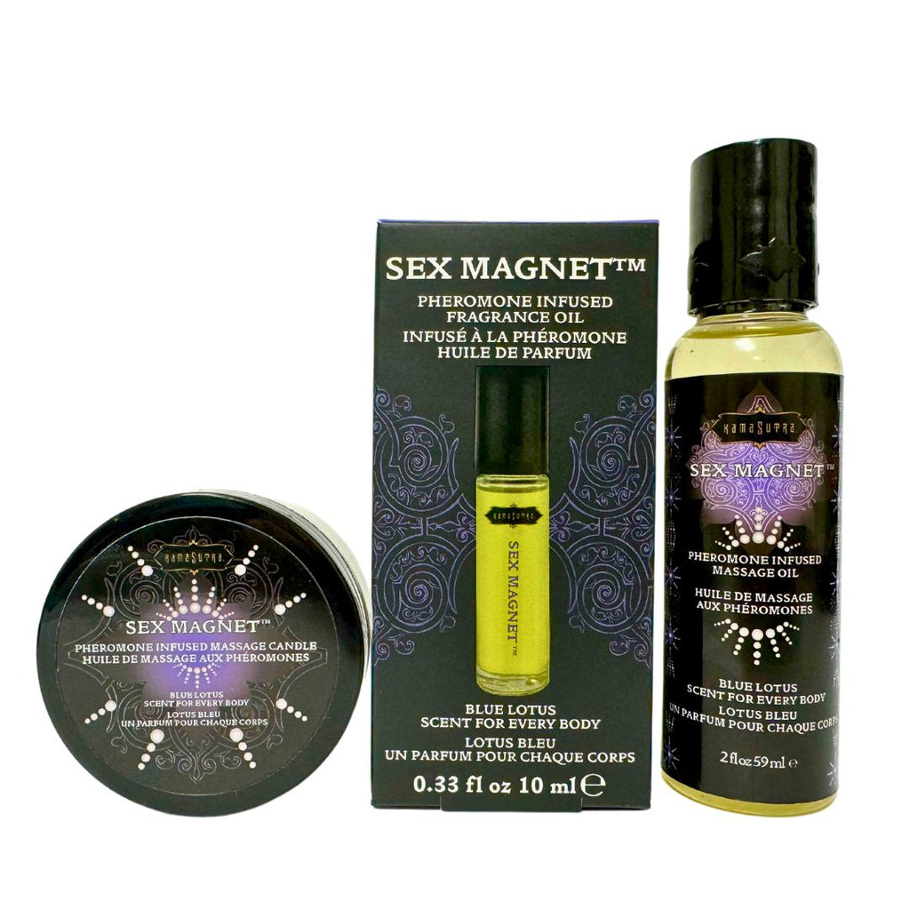 a photo showing a SEX MAGNET pheromone massage candle, roll on, and massage oil in bllue lotus scent which are contained in the gift set.