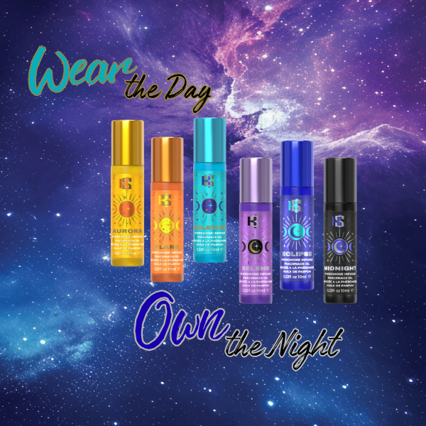 Six cosmetic highlighter bottles in assorted vibrant colors are lined up against a starry outer space background. The bottles feature metallic caps and labels with the brand logo 'HS' and text including 'ULTRACOLOR' and 'HIGHLIGHT'.