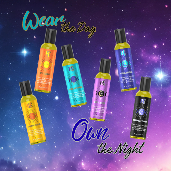 Six bottles of hair oil arranged on a purple and blue starry space background with decorative text reading 'Wear the Day' and 'Own the Night.' The bottles are labeled with different moon phases and include visible brands HS and H2O.