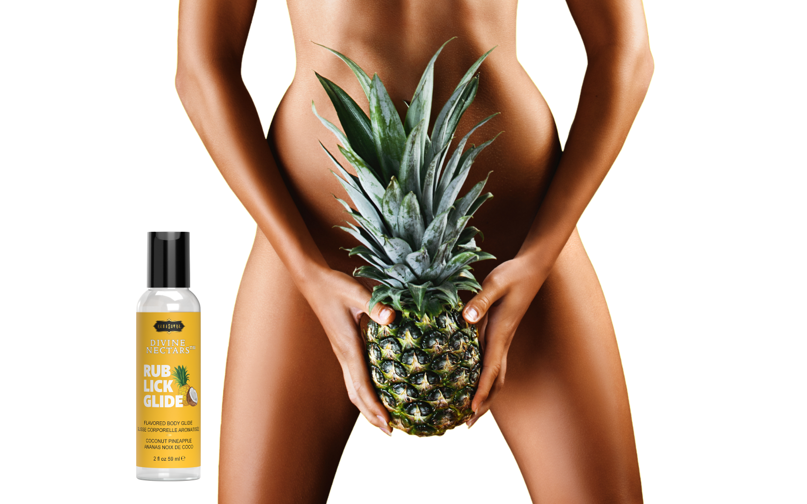 Lady holding a pineapple next to a flavored divine nectars bottle