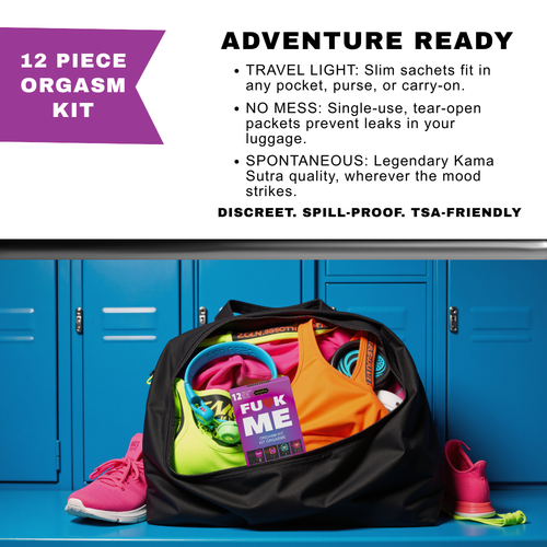 12 Piece Orgasm Kit packaging with colorful sachets in a black bag against blue lockers.