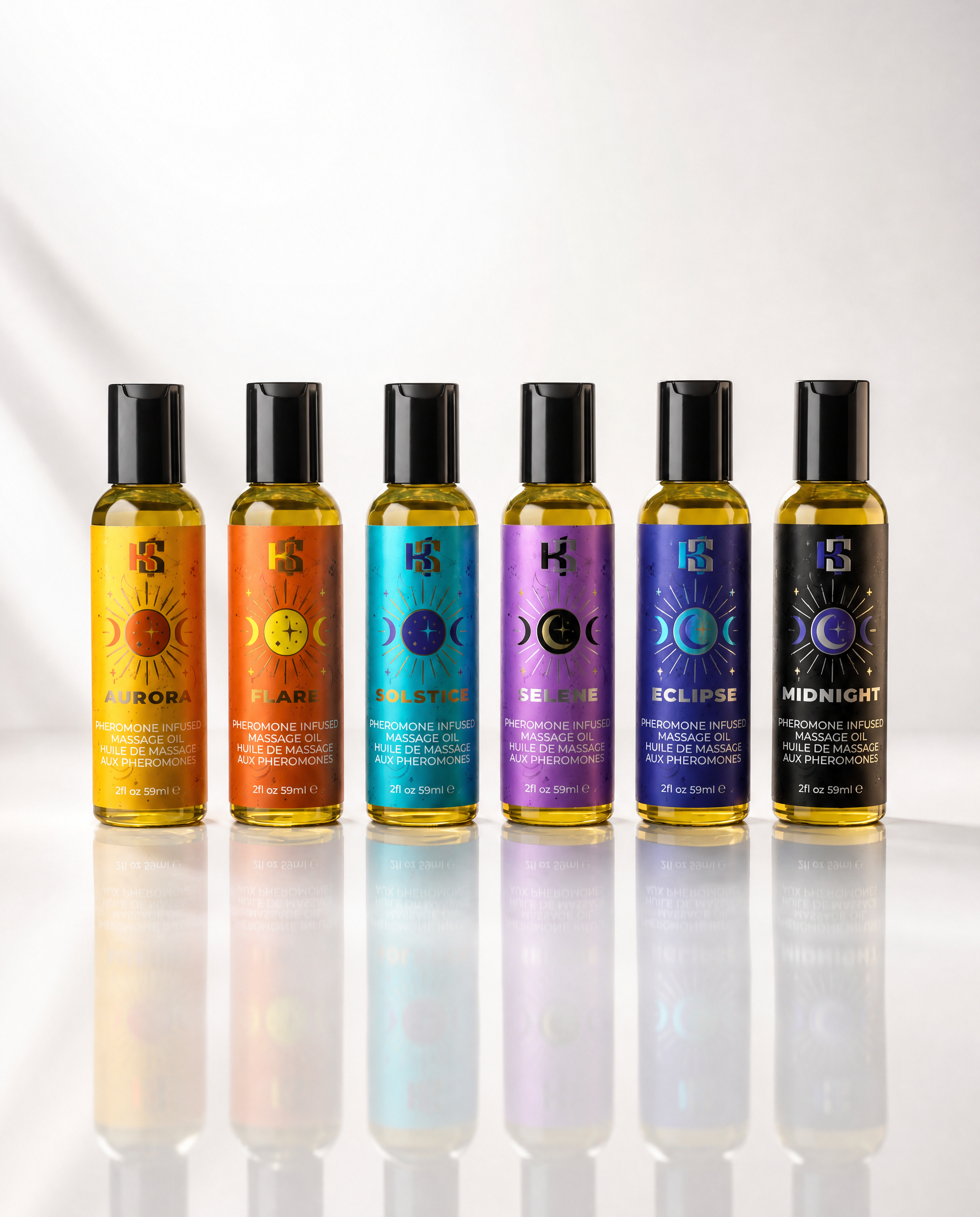 Six small cylindrical bottles with black caps lined up on a glossy white surface. Each bottle has a different colored label in yellow, orange, turquoise, purple, blue, and black, featuring moon phase graphics and the brand logo 'HS'.
