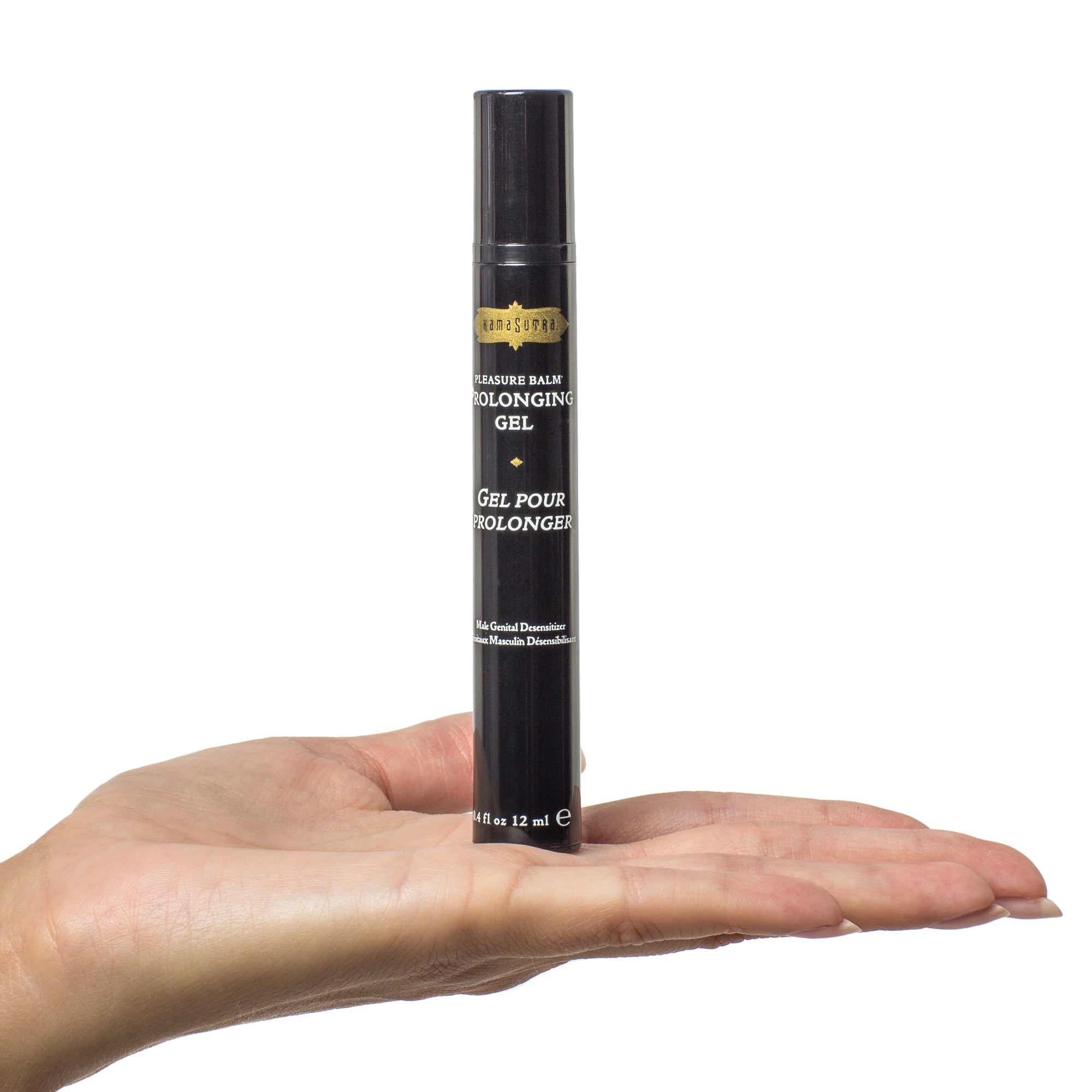 Model holding a black tube of Prolonging gel