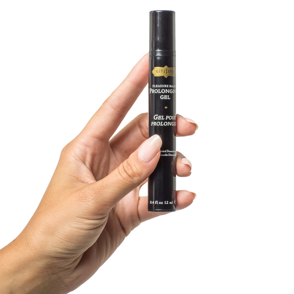 Model holding a black tube of Prolonging gel