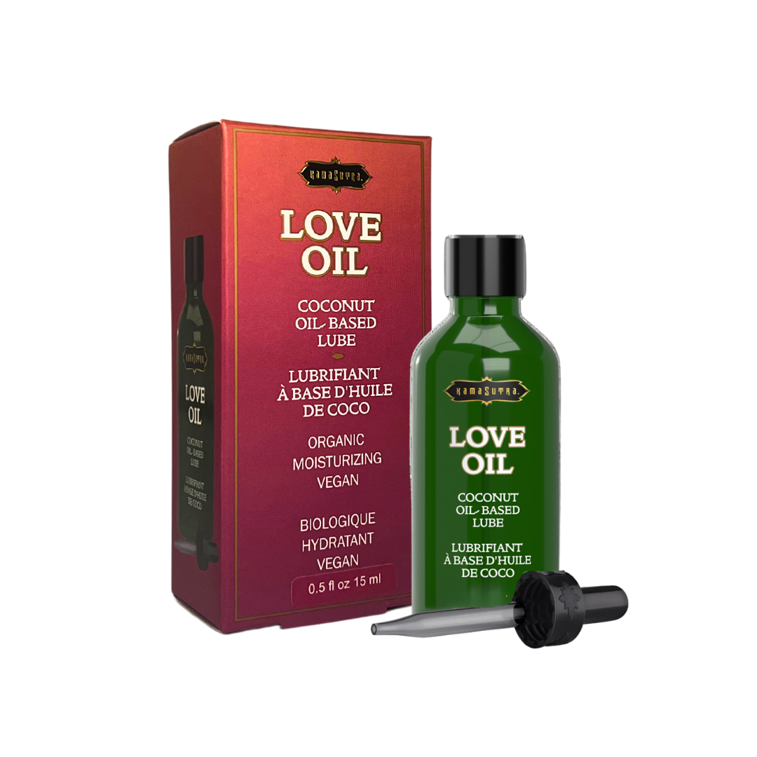 The image shows a product called LOVE OIL, which is a coconut oil-based lube and vaginal moisturizer. The green glass product bottle with a dropper in .5 fl oz size is shown.