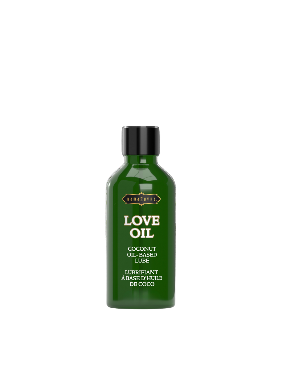 The image shows a product called LOVE OIL, which is a coconut oil-based lube and vaginal moisturizer. The green glass product bottle in .5fl oz size is shown.