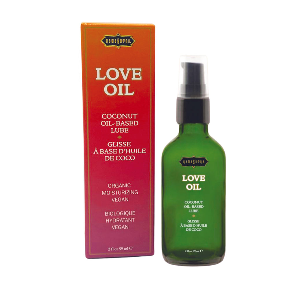 The image shows a product called LOVE OIL, which is a coconut oil-based lube and vaginal moisturizer. The product packaging is displayed, including a box and a bottle with a pump dispenser in 2fl oz size.