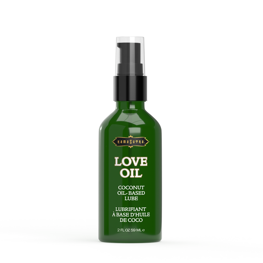The image shows a product called LOVE OIL, which is a coconut oil-based lube and vaginal moisturizer. The green glass product bottle with a pump dispenser in 2fl oz size is shown.
