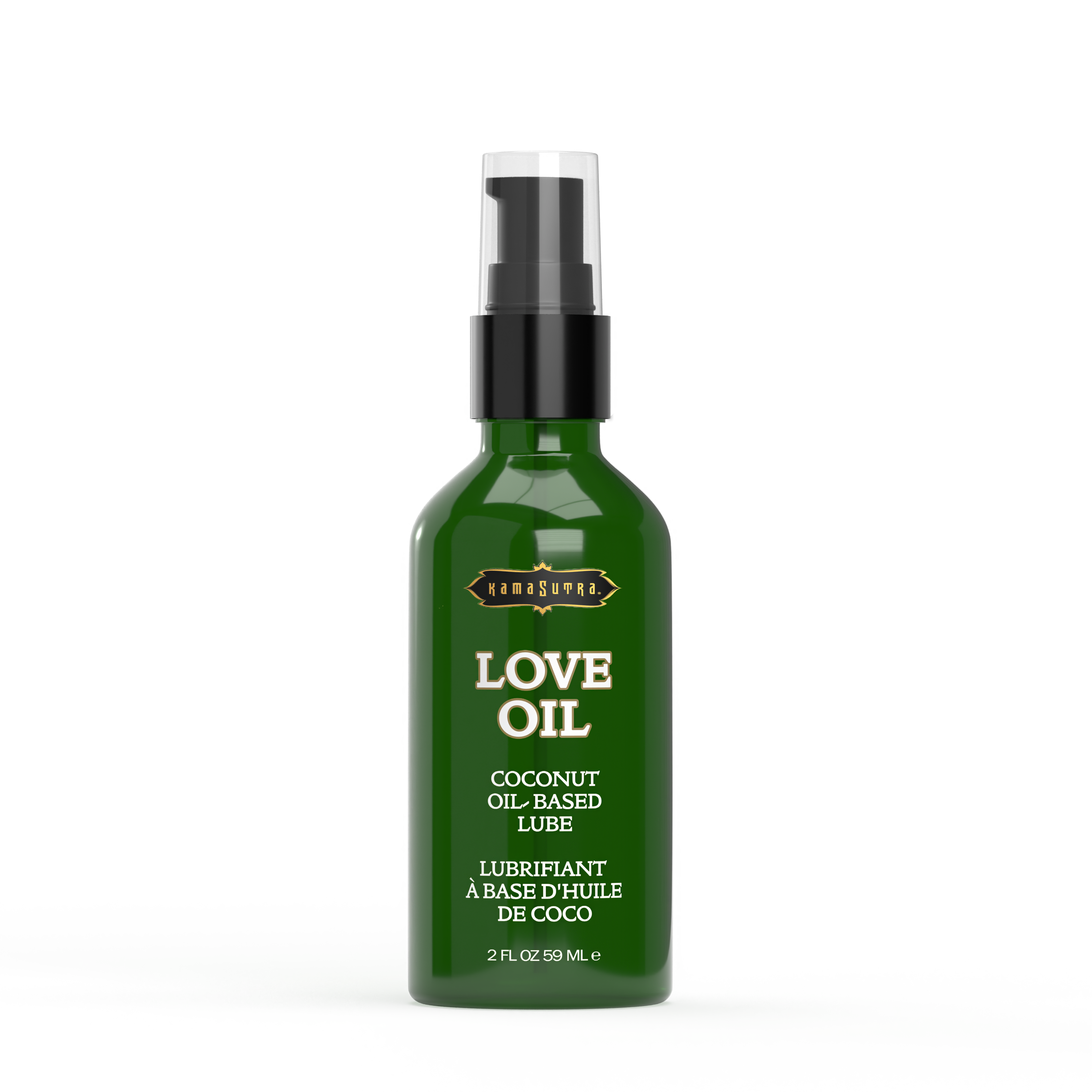 The image shows a product called LOVE OIL, which is a coconut oil-based lube and vaginal moisturizer. The green glass product bottle with a pump dispenser in 2fl oz size is shown.