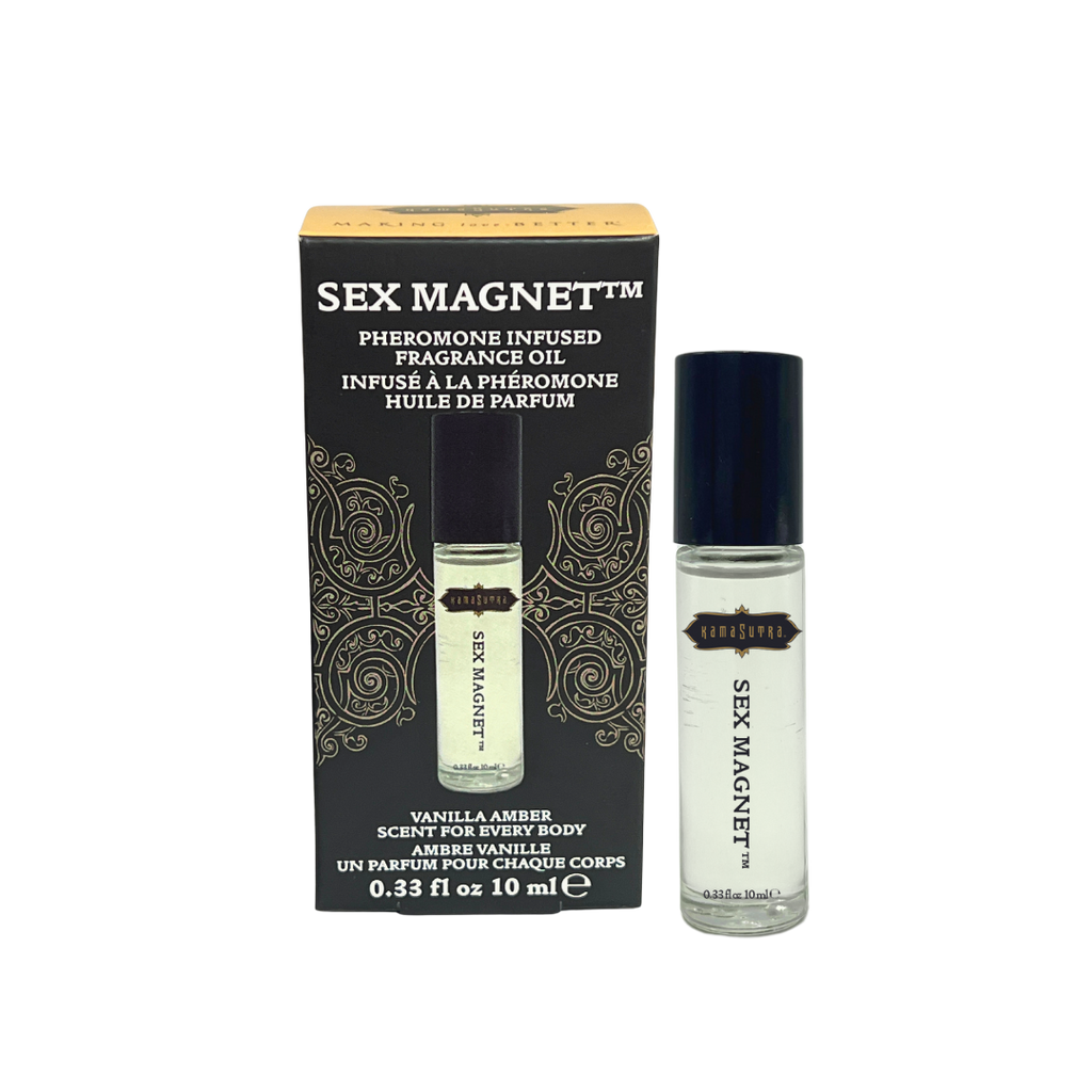 The product image shows a box and roll-on bottle of SEX MAGNET pheromone fragrance oil. The packaging is primarily black with gold and white text and accents.