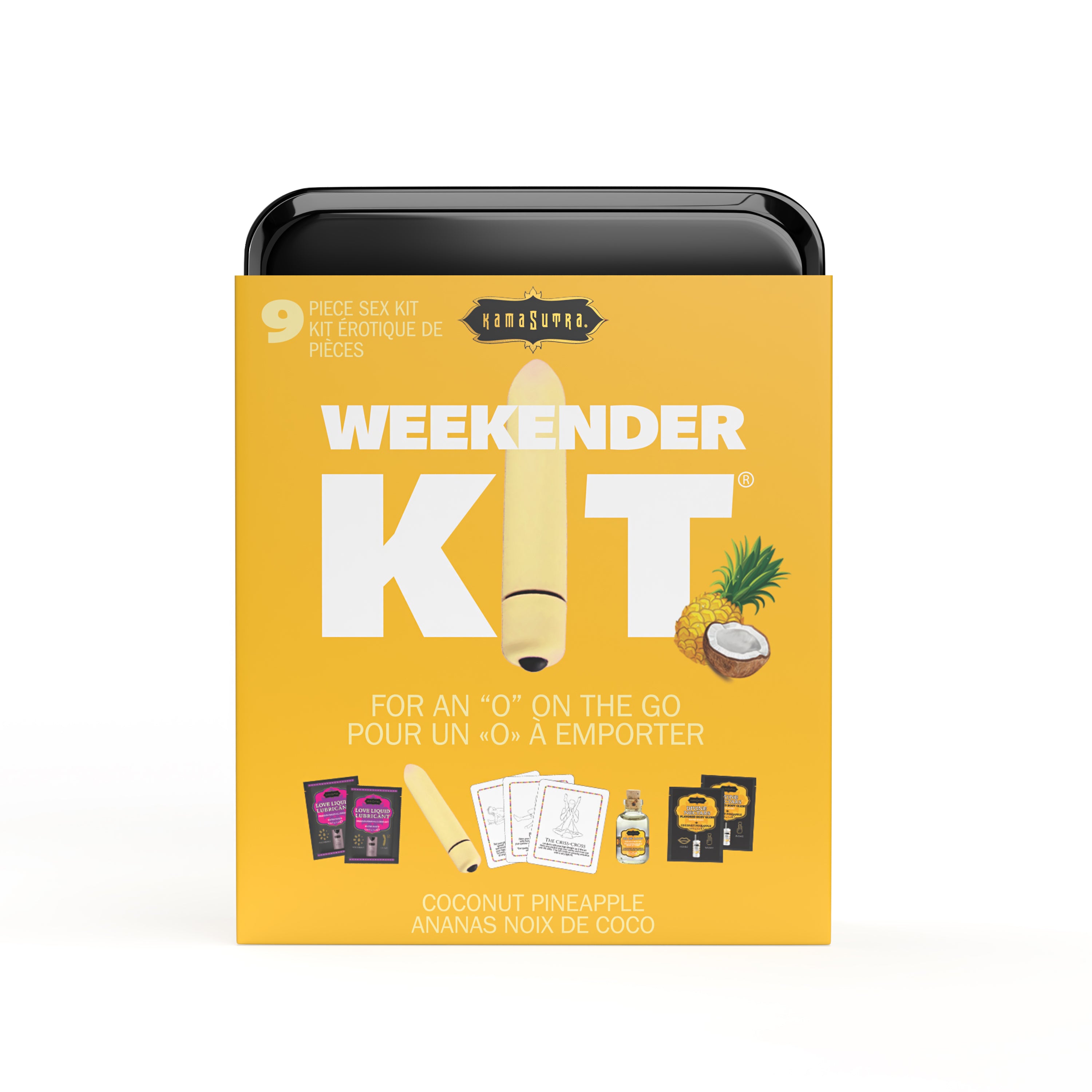 The image displays the packaging of the "Vibe Weekender Kit," which is presented as a compact, travel-friendly set designed for intimate pleasure on-the-go. The kit is depicted in a vibrant orange color with bold white and green text that highlights its contents and features. Shown in yellow color representing Coconut Pineapple flavor.