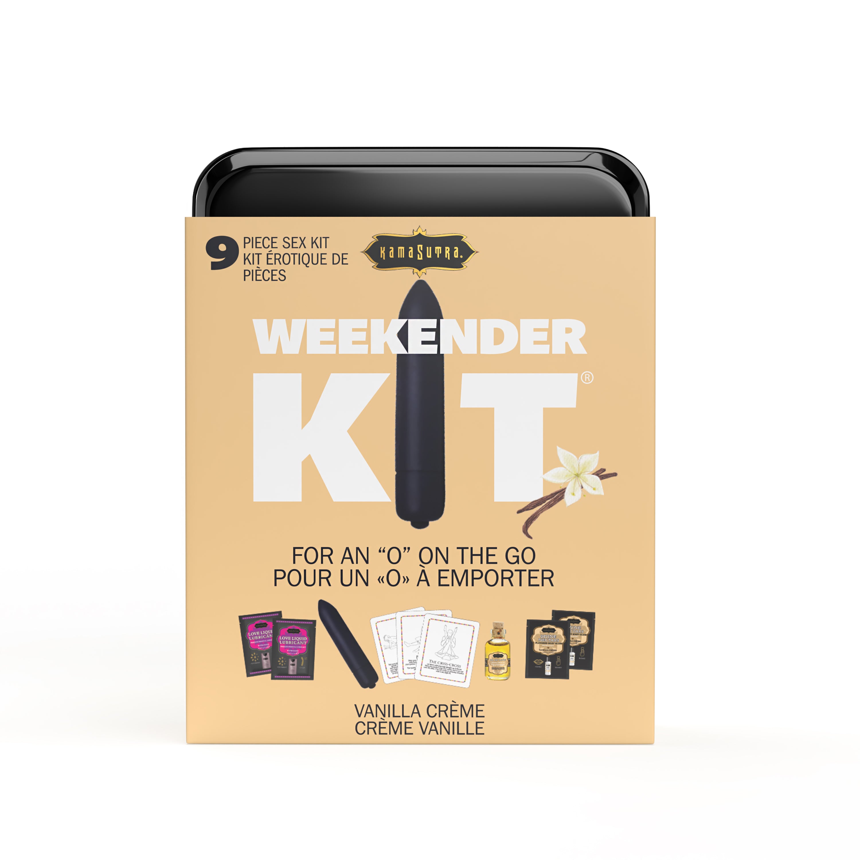 The image displays the packaging of the "Vibe Weekender Kit," which is presented as a compact, travel-friendly set designed for intimate pleasure on-the-go. The kit is depicted in a vibrant orange color with bold white and green text that highlights its contents and features. Shown in creme color representing Vanilla Creme flavor.