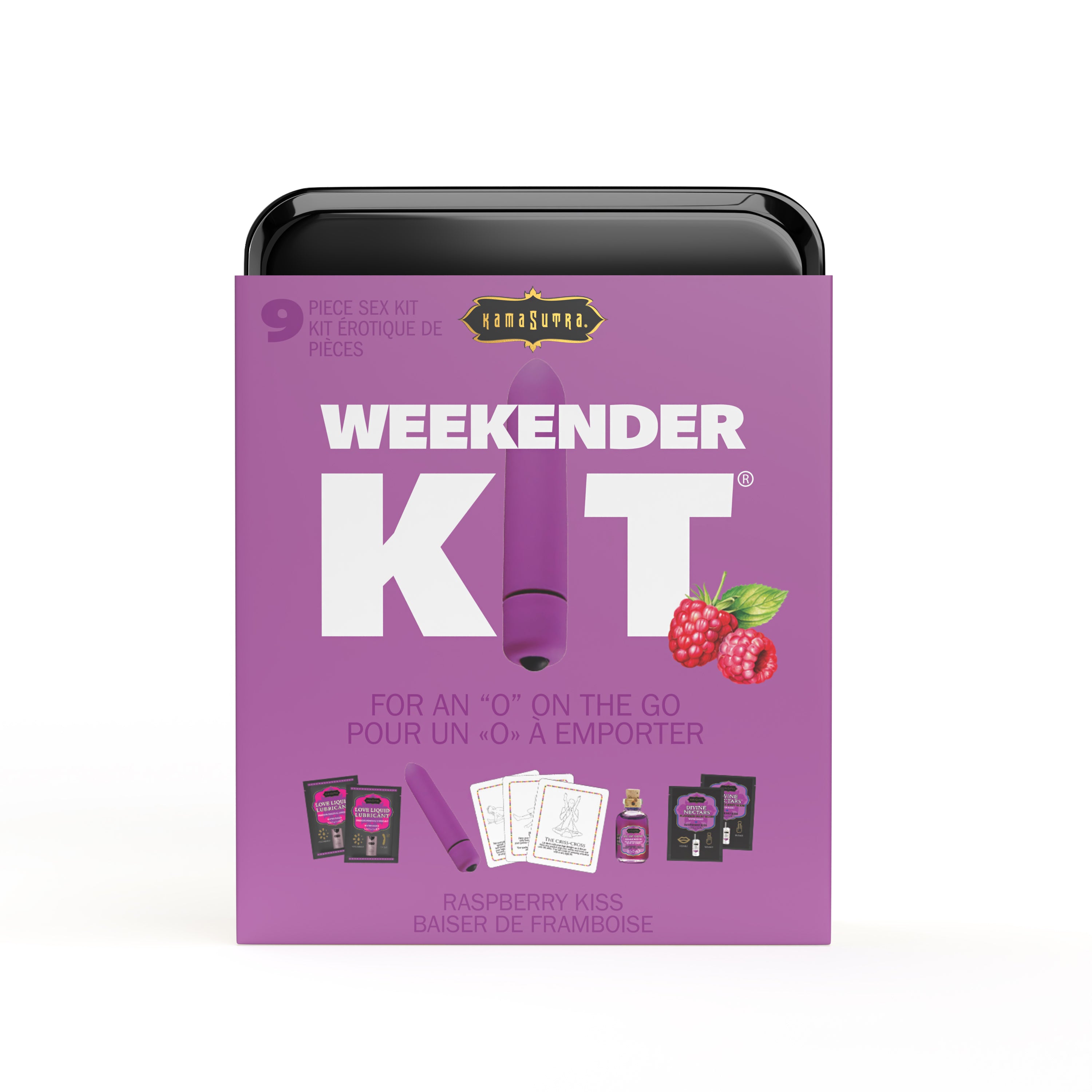 The image displays the packaging of the "Vibe Weekender Kit," which is presented as a compact, travel-friendly set designed for intimate pleasure on-the-go. The kit is depicted in a vibrant orange color with bold white and green text that highlights its contents and features. Shown in purple color representing Raspberry Kiss flavor.