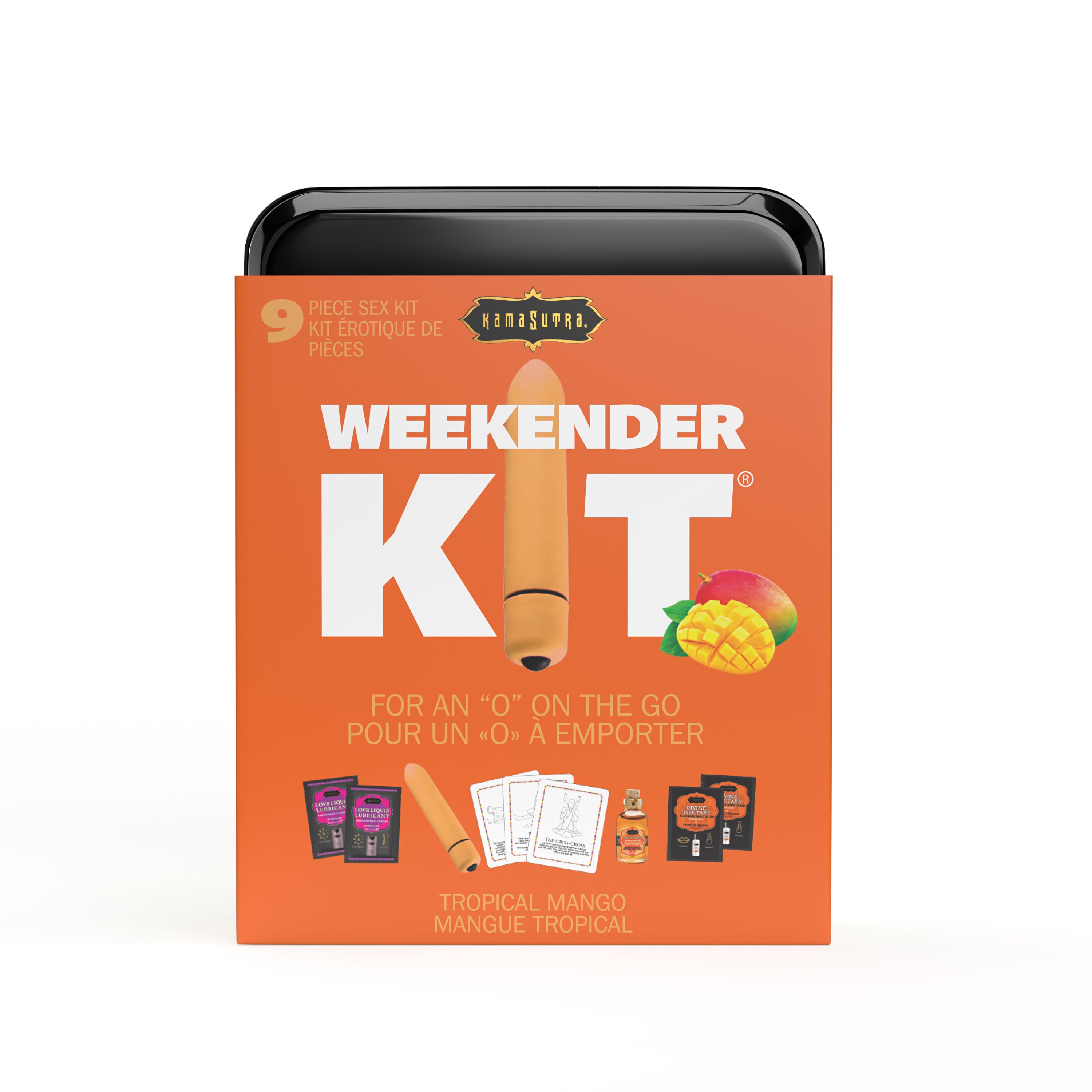 The image displays the packaging of the "Vibe Weekender Kit," which is presented as a compact, travel-friendly set designed for intimate pleasure on-the-go. The kit is depicted in a vibrant orange color with bold white and green text that highlights its contents and features. Shown in Orange color representing Tropical Mango flaor.