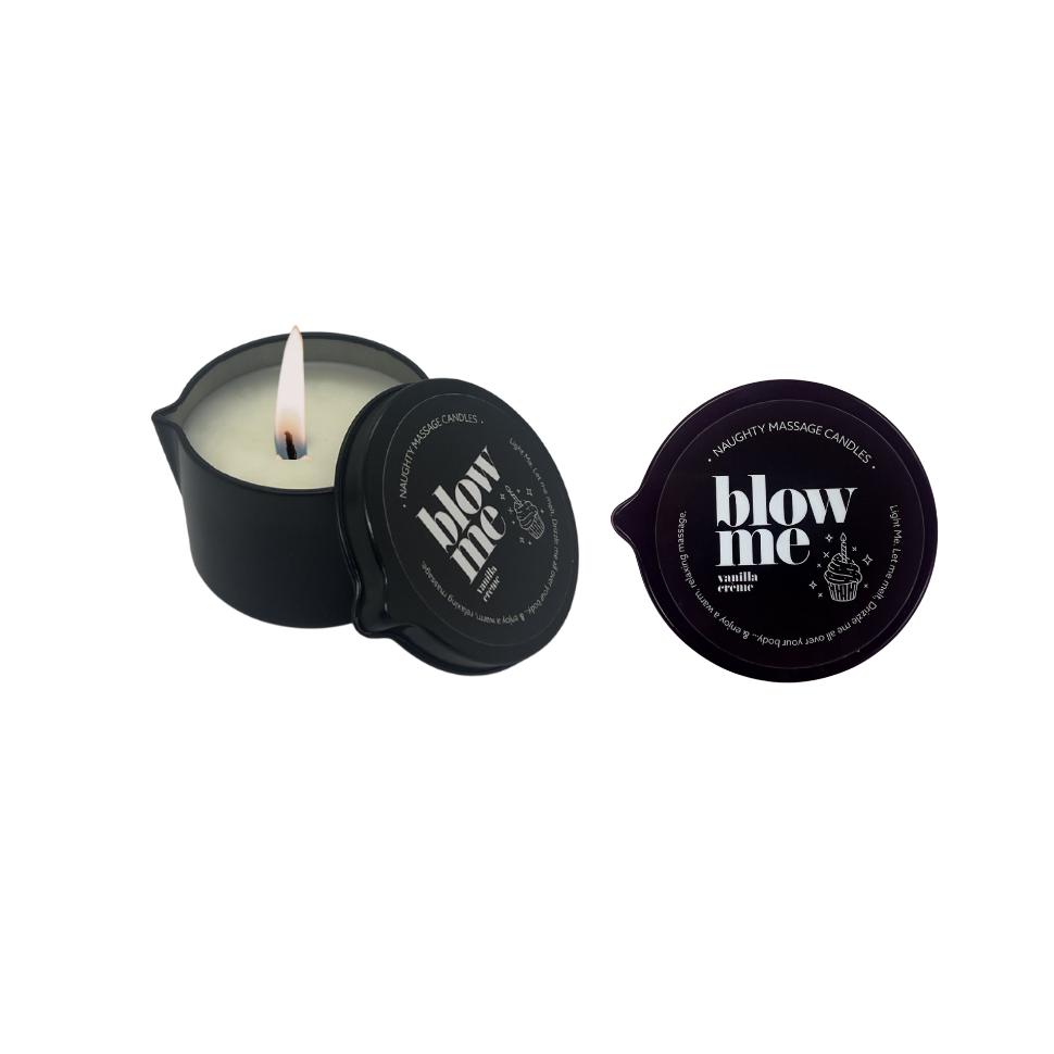 Massage candle with 'blow me' branding on a white background