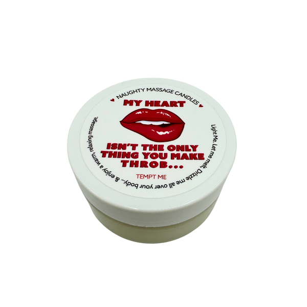 White container with red text and lips design on a white background