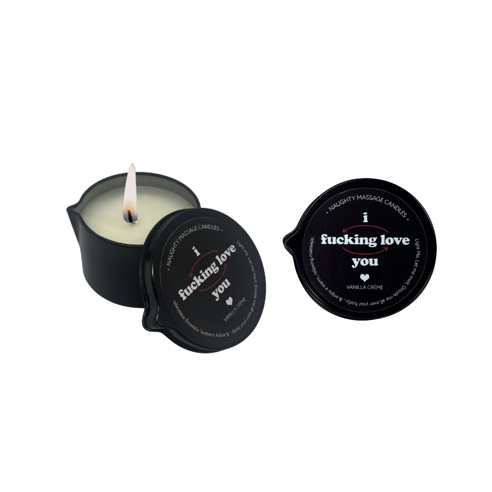 Massage candle with 'i f*ing love you' text on a white background