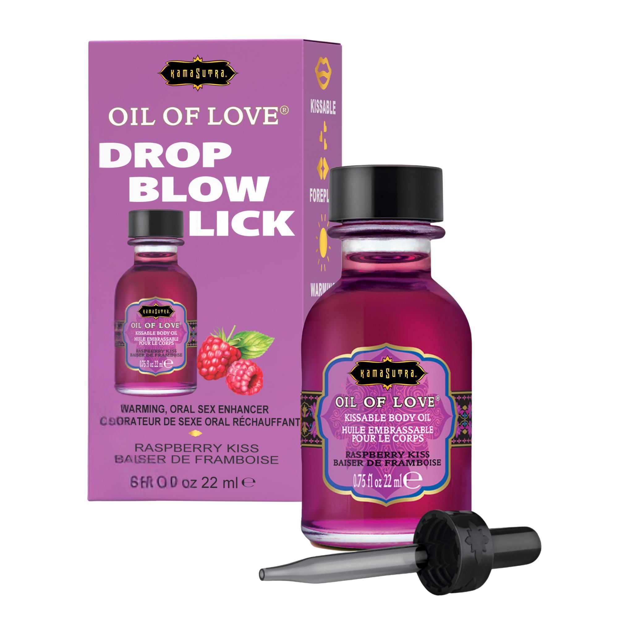 Oil of Love Raspberry Kiss box saying Drop Blow Lick with packaging and dropper on a white background