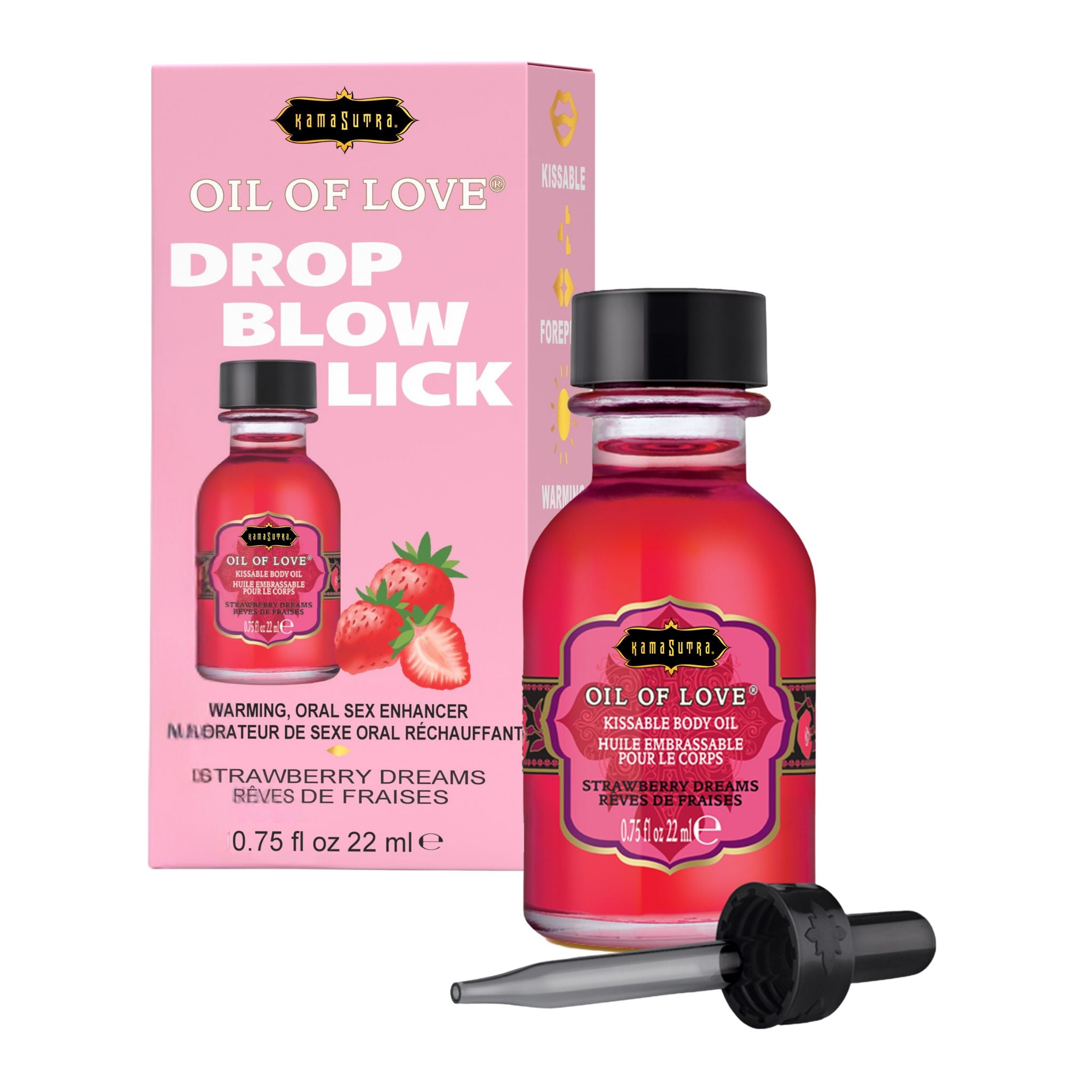 Oil of Love box strawberry dreams saying  Drop Blow Lick  and applicator on a white background