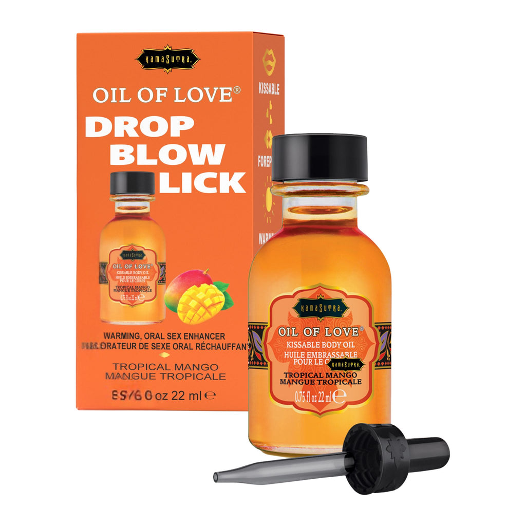 Oil of Love tropical mango box saying Drop Blow Lick with product packaging on a white background