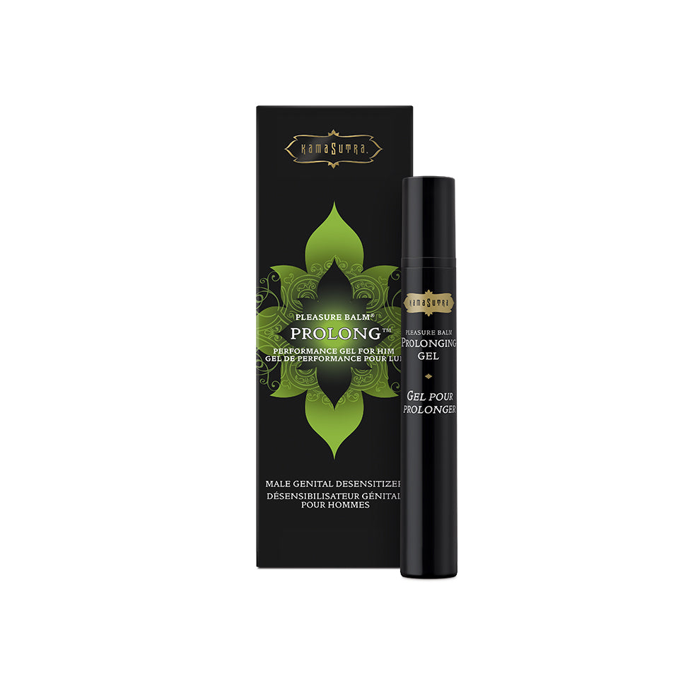 The product image shows a black tube of Pleasure Balm Prolong Gel with a green label, alongside its packaging box which has similar color themes.