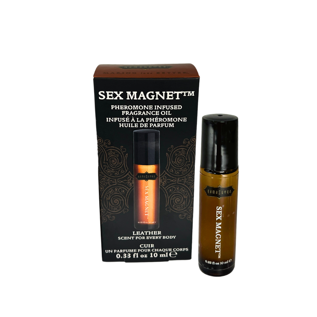 The product image shows a roll-on pheromone fragrance oil with a leather and cedar scent, packaged in a small bottle with a black cap, accompanied by a box with similar color scheme.